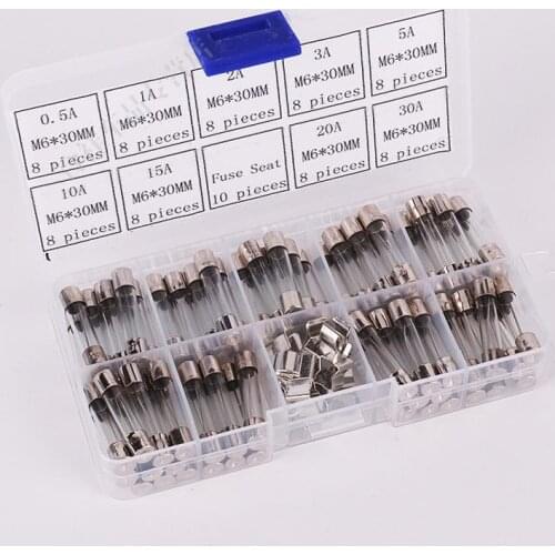 72pcs 6x30mm Fuse and 10pcs holder 6*30 250V Quick Fast Blow Glass Assorted Fuse Box Amp 0.5A 1A 2A 3A 5A 10A 15A 20A 30A