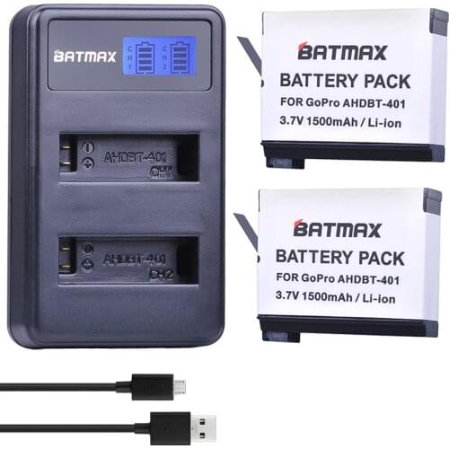 Batmax 2pcs AHDBT-401 AHDBT 401 Gopro Hero 4 Battery + LCD Display Dual USB Charger for Gopro Hero4 HD Camera P0019279