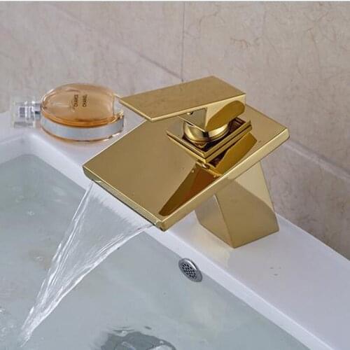 Free shipping Single handle gold waterfall mixer tap with deck mounted solid brass golden bathroom basin sink water mixer tap