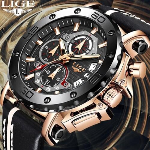 LIGE Luxury Brand Men Chronograph Quartz Watch For Men Fashion Military Sport Wristwatches Leather Waterproof Analog Male Clock
