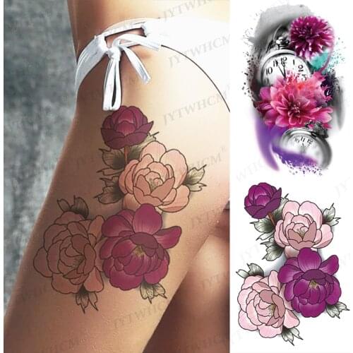 Clock Flower Tattoo Stickers Snake Temporary Tattoo For Women Kids Colorful Rose Lotus Sleeve Tribal Totem Foot Art Tattoo Paper
