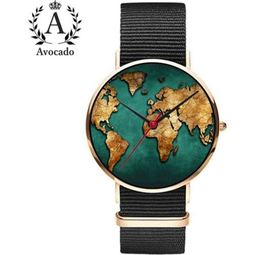 World Map Watch Travel Fashion Black Canvas Band Minimalist Women Quartz Wristwatches Movement