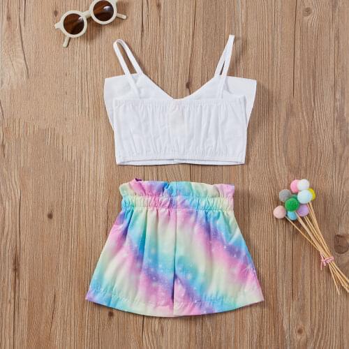 2Pcs Kids Summer Tracksuit, Solid Color Button-Open Flounce Tank Tops + Starry Shorts for Girls 2021 New Fashion
