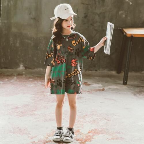 Teen Girls T Shirt 2021 Spring Letter Shirt Long Loose Undershirt Letters Print Dresses for Children Tops Tees Kids 8 12 13Years