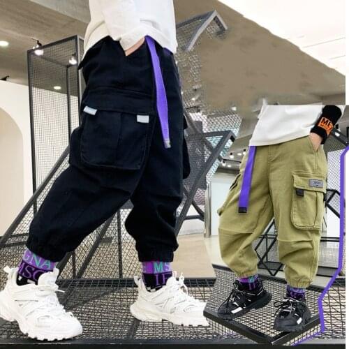 Boys' Black And Green Cotton Fashion Big Pocket Boys' Pants 4-14 Years Old Spring And Autumn Casual Pants Youth Loose Trousers