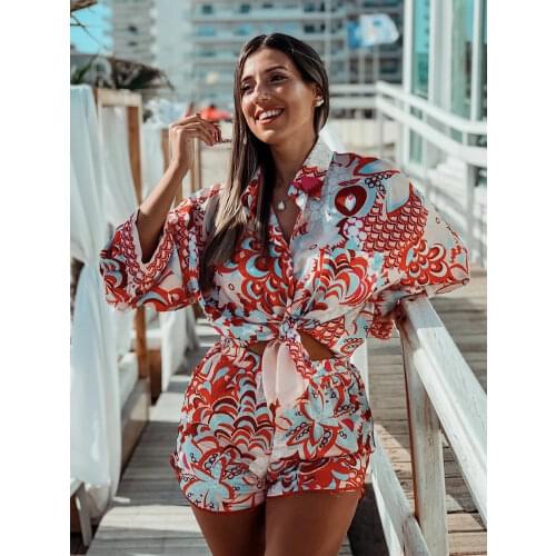 ZXQJ Vintage Women Red Peahen Print Shorts Suit 2021 Summer Fashion Ladies Loose Satin Boho Two Piece Set Girls Chic Shirts Sets