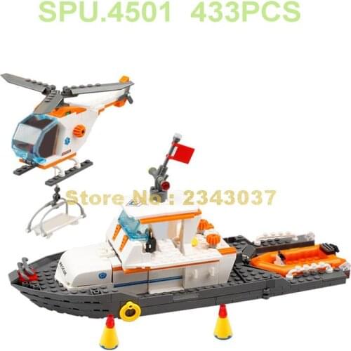 85008 433pcs Urban Maritime Search Rescue Team Rescue Boat Helicopter 4 Dolls Building Block Toy