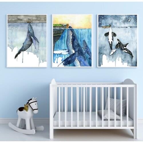 Cartoon Humpback Whales Wall Art Canvas Painting Nordic Posters and Prints Wall Pictures for Living Kids Bedroom Decoration