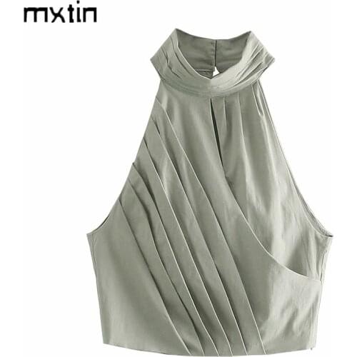 MXTIN 2021 Women Summer Fashion Solid Button Cropped Tank Tops Vintage O-Neck Sleeveless Folds Female Camis Casual Chic Tops