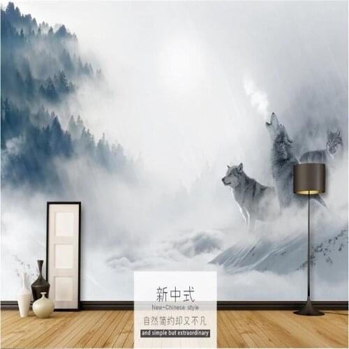 Milofi customized 3D printing wallpaper mural new Chinese artistic conception forest fog wolves TV sofa background wall