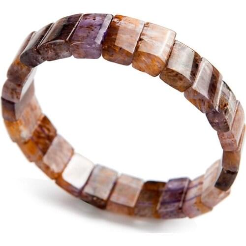 Genuine Natural Natural Purple Gold Titanium Cacoxenite Rutilated Quartz Crystal Rectangle Bead Women Bracelet