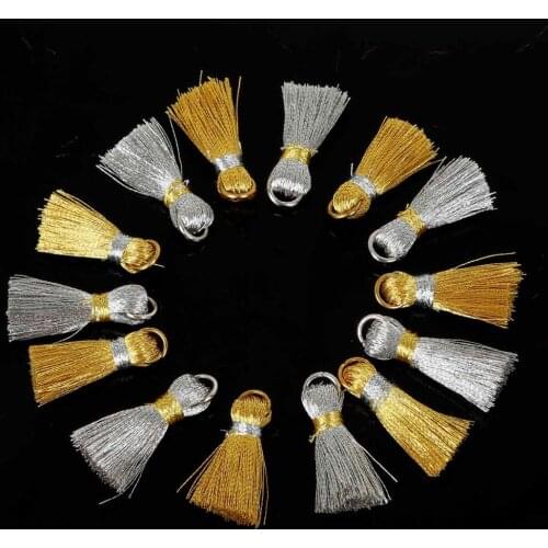 2018 New 20mm 100pcs/bag Silk Mini Tassel Charms Jewelry Fringe Keychain Cellphone Straps Pendant Golden silver tassel