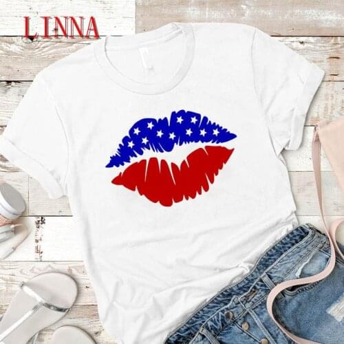 Summer new white top ladies round neck T-shirt top T-shirt sexy red lips love printing clothes short-sleeved T-shirt