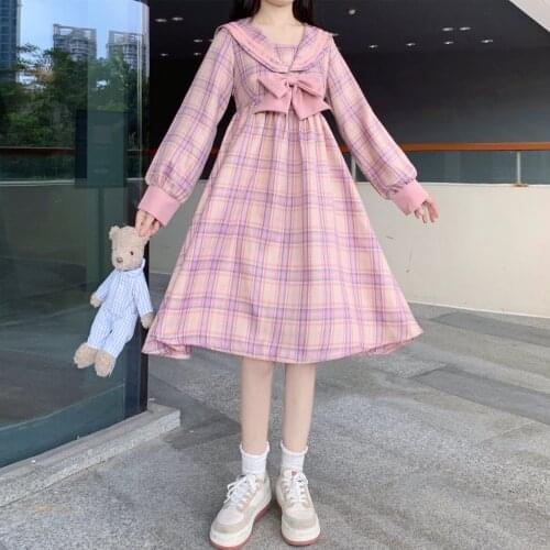 JK Sailor Dress Womens Autumn Japanese Sailor Collar Bow Stitching Long Sleeve Plaid Dress kawaii clothing sweet lolita dress