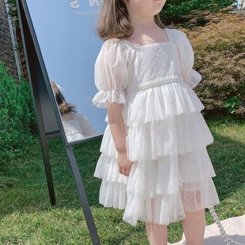 Girls Princess Dress 2021 Fashion Summer Clothing Short Sleeve Layered Dress for Kids Knee-Length Mesh Patchwork Cute Dress