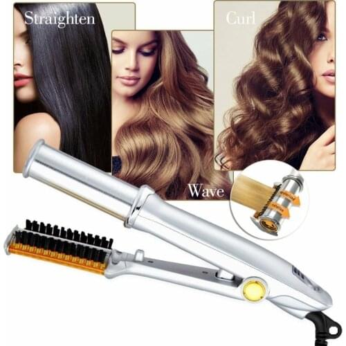 Professional Max 2-Way Rotating Curling Iron Electric Hairbrush Titanium Flat Iron Hair Straightener&Curler Hair Styling Tools