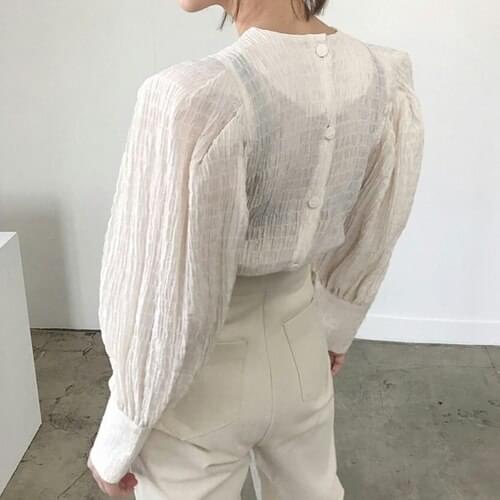 Chic Autumn Elegant O-neck Pleated Femme Blusas Single Breasted All-match Women Blouse Solid Color Lantern Sleeve Shirt