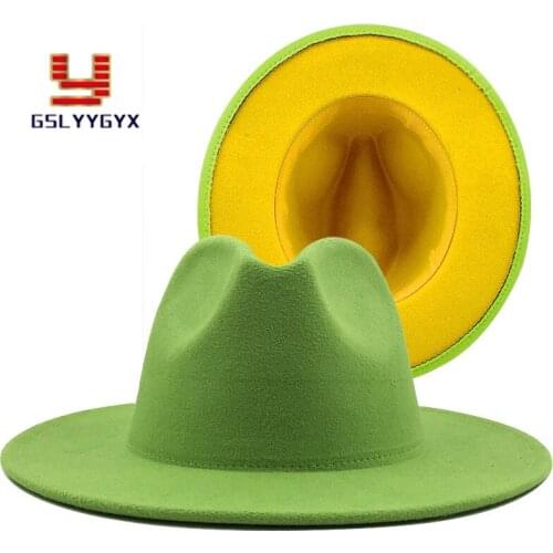 Fedora Hat European British Classic Lime Green Yellow Patchwork Jazz Panama Cowboy Wide Brim Women Men Hat