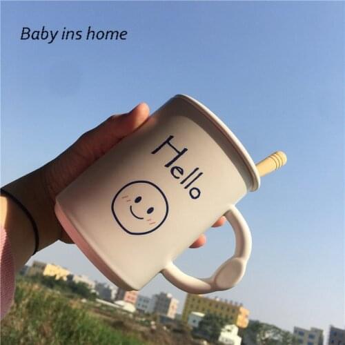 Student Korean Style Cartoon Mug with Lid and Spoon 400-500ML Cute Mugs Rabbit Bear Smile Face Cup Ins Ceramic Cup Coffee Mug