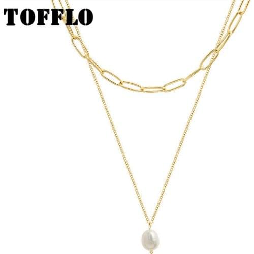 TOFFLO Stainless Steel Jewelry Danshui Pearl Pendant Multi Layered Lapped Necklace Womens Fashion Clavicle Chain BSP791