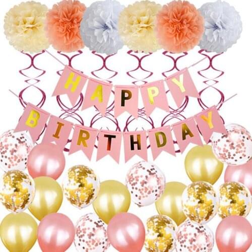 Rose Gold Birthday Party Decoration, Happy Birthday Banner Confetti Balloons Latex Balloons for Boys Girls Party Decoration