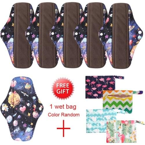 Women Feminine Hygiene Pad Absorbent Reusable Charcoal Cloth Bamboo Menstrual Pads 5pcs Sanitary Napkin+1Mini Wet Bag