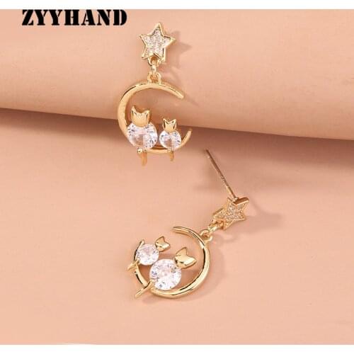 Golden Color Cat Moon Women Drop Earring Girl AAA Zircon Star Cute Copper Alloy Lady Ear Jewellery Party Jewelry