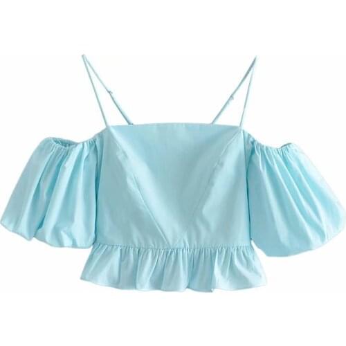 Women 2021 Summer New Retro Square Collar Lantern Short Sleeves Folds Tops Were Thin Pleated Halter Strap Solid Color Sh