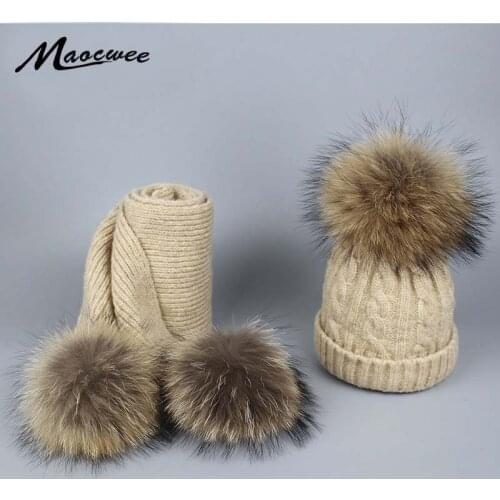 Womens Knitted Hat Scarf Set Children Winter Warm Balaclava Cute Beanies for Baby Knit Wool Scarves Natural Mink Fur Pompons