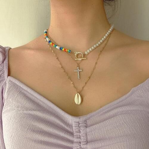 BOHO Multi-layer Seed Bead Imitation Pearls Chain Metal Knot Natural Shell Crystal Cross Pendant Necklace for Women Jewelry 2020