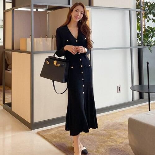 New arrival comfortable work style solid trumpet dress high quality slim long Single breasted knit elastic basic mermaid dress