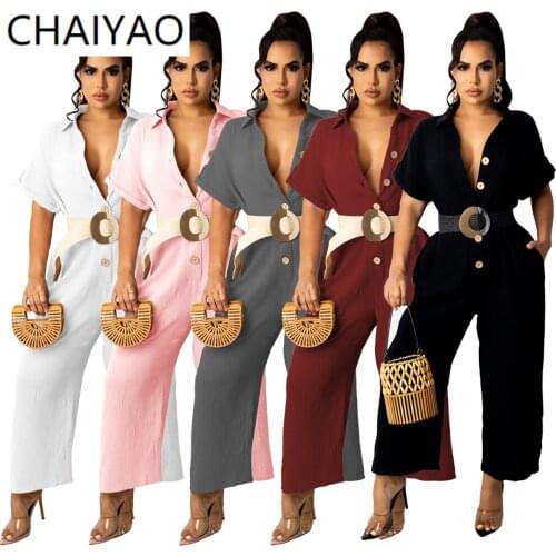 11TS1169 Wholesale Items Autumn Single Breasted Solid Color Jumpsuit Womens Casual Bodysuit Short Sleeve Romper Womens Capris