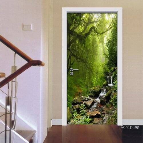 3D Door Sticker Forest Landscape Photo Pvc Self-Adhesive Wallpaper Living Room Bathroom Home Decor Wall Paper for 3D Decoration