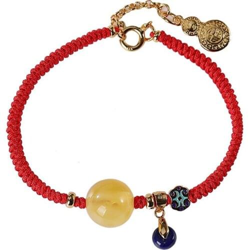 S925 sterling silver gold plated Natural Lapis lazuli Amber Beeswax Bracelet Retro National tide Ladies Weaving Carrying strap