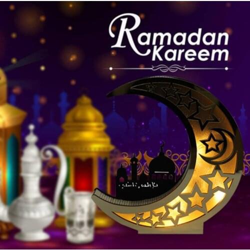 Wooden Eid Mubarak Ramadan Mirror Golden Moon Castle Hollow Letters With LED Lights Dining Home Bedroom Table Decoration