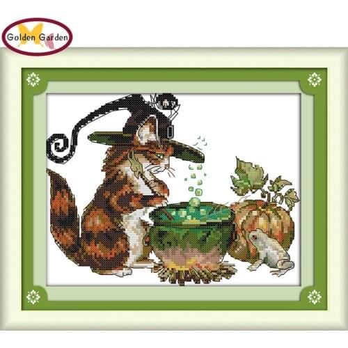 GG Halloween Cat Joy Sunday Cross Stitch Set Handmade Craft Needlework Cross-Stitch Embroidery Kit Cross Stitch for Home Decor