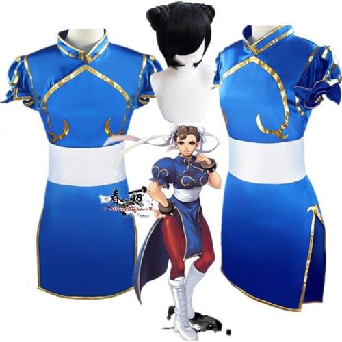 Game Street Fighter Chun-Li Cosplay Costume Chun Li Wig Bracelet Accessories Woman and Girl Battle Dress Halloween Costume
