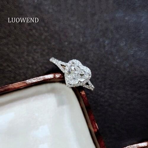LUOWEND 100% Real 18K White Gold Ring Luxury Halo Design 1.0ct Heart Cut Natural Diamond Ring for Women Wedding Engagement