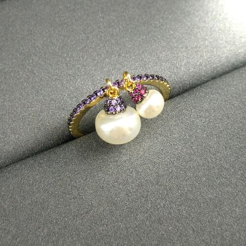 S925 sterling silver new pearl purple ring female golden yellow retro temperament index finger ring