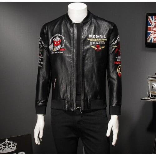 Collar Stand Black Mens Jacket 2020 Autumn Firemen Pattern Zipper Pu Leather Motorcycle Coat jaqueta de couro 8913