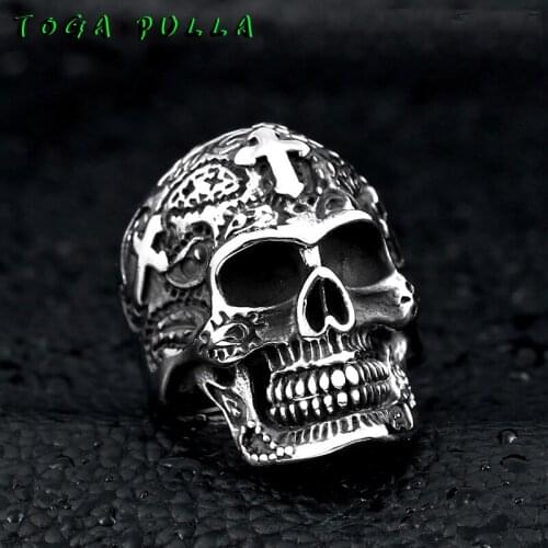 Vintage Stainless Steel Mens Cross Carved Skull Ring Cool Motorcycle Biker Rings Punk Gothic Skull Ring Special Gift For Men