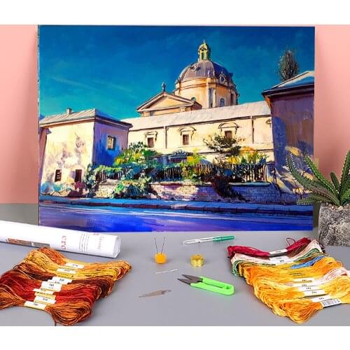 Landscape Lviv Pre-Printed 11CT Cross Stitch Set DIY Embroidery DMC Threads Knitting Handmade Sewing Handicraft Sales Jewelry