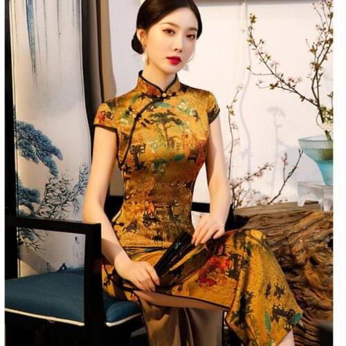Yellow Print Women Qipao Elegant Slim Cheongsam Vintage Stage Show Dress Short Sleeve Formal Party Dress Sexy Split Vestidos 4XL