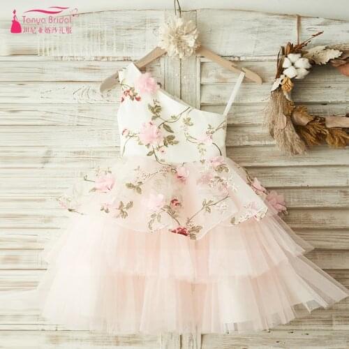 Pink Flower Girl Dresses For Wedding Party Knee Lengh 3D Flowers Embroidery pageant dresses for girls vestido flores ZF096