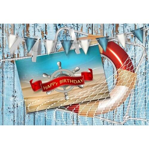 Blue Vintage Wooden Board Wall Photo Background Silver Rudder Red Lifebuoy Blue And White Flag Backdrop For Kids Birthday Party