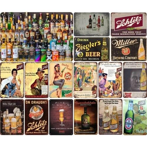 Vintage Metal Tin Sign of Variety Cocktail Drink Becks Beer & Miller Beer for Tiki Bar Wall Decor Sign Wall Stickers Billboard