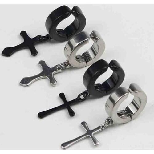 Vintage Fashionable Titanium Steel Cross Design Men Metal Ear Hooks Ear Stud Non Piercing Clip Earrings Fake Earrings for MEN