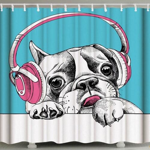 3D Digital Printing Shower Curtain Cartoon with Earphone Dog Pattern Waterproof Polyester Shower Curtain Can Be Customized