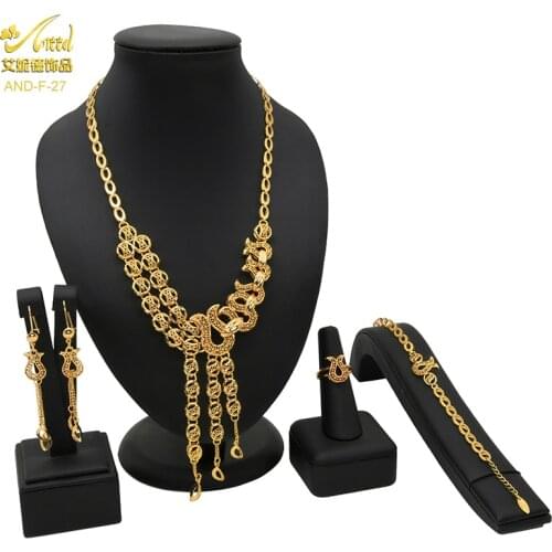 Nigerian Wedding Jewelry Set Luxury 24K Gold Necklace Ethiopian Bride Party Earring Bracelet Ring India Designer Wholesale