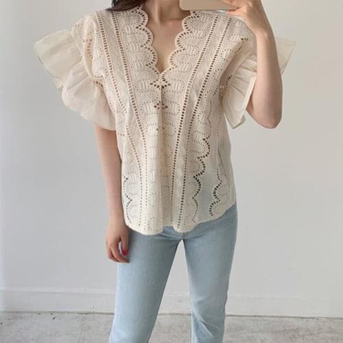 Summer 2021 White Blouse V-neck Sexy New Casual Shirt Korea Hollow Out Embroidery V-neck Shirt Woman Fashion Clothing 14192